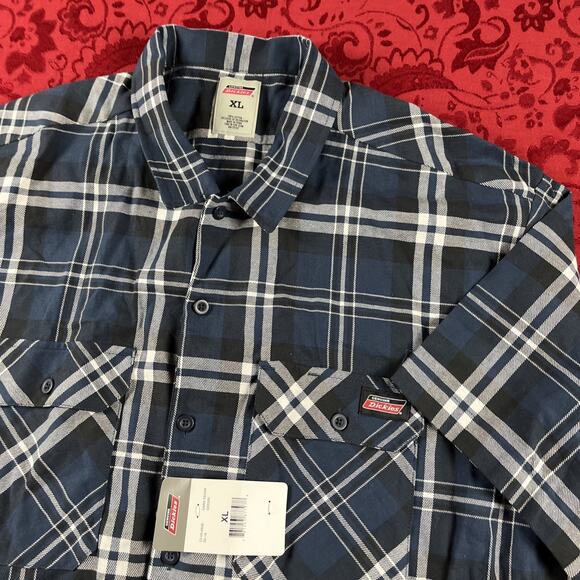 Dickies Mens Shirt Size XL Plaid Dark Denim‎ Cotton Button Front Short Slv - Picture 1 of 8
